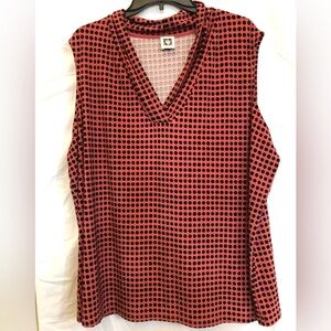 2X Anne Klein Coral Sleeveless V-Neck with Navy Polka Dots Tank